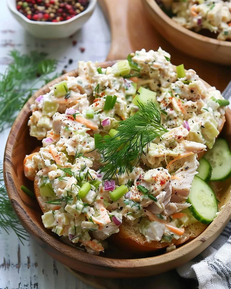 A bowl of Tuna Salad with Cottage Cheese, garnished with fresh herbs.