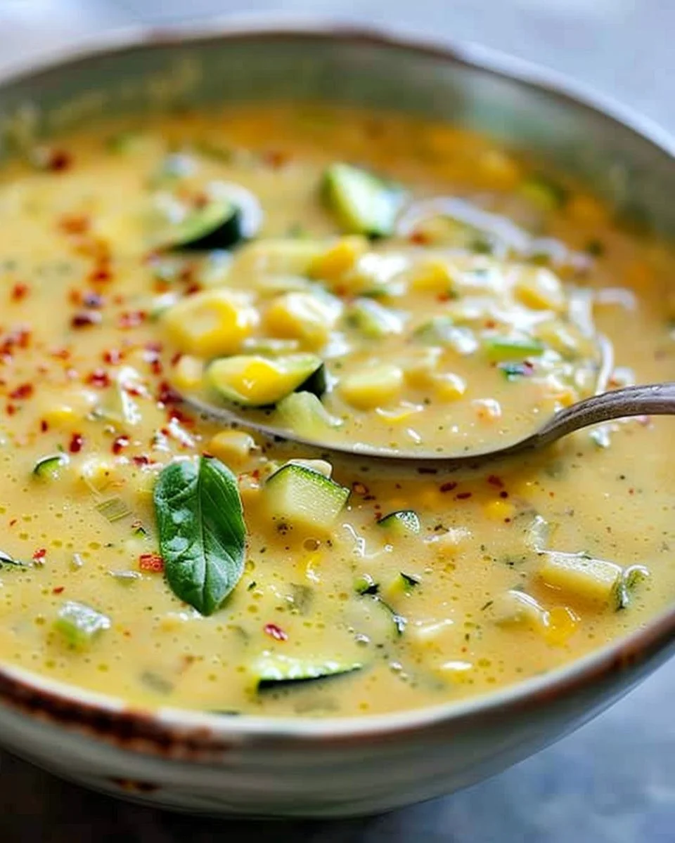 Bowl of creamy Zucchini Corn Chowder garnished with herbs