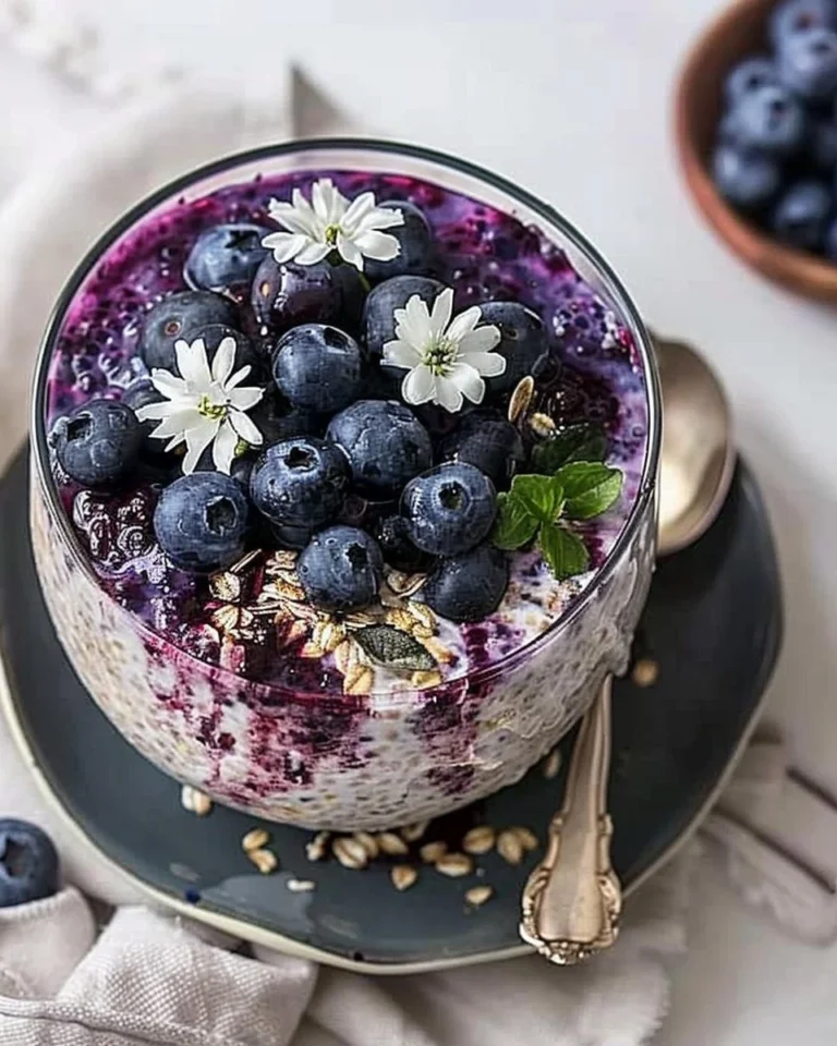A bowl of blueberry overnight oats topped with fresh blueberries and nuts